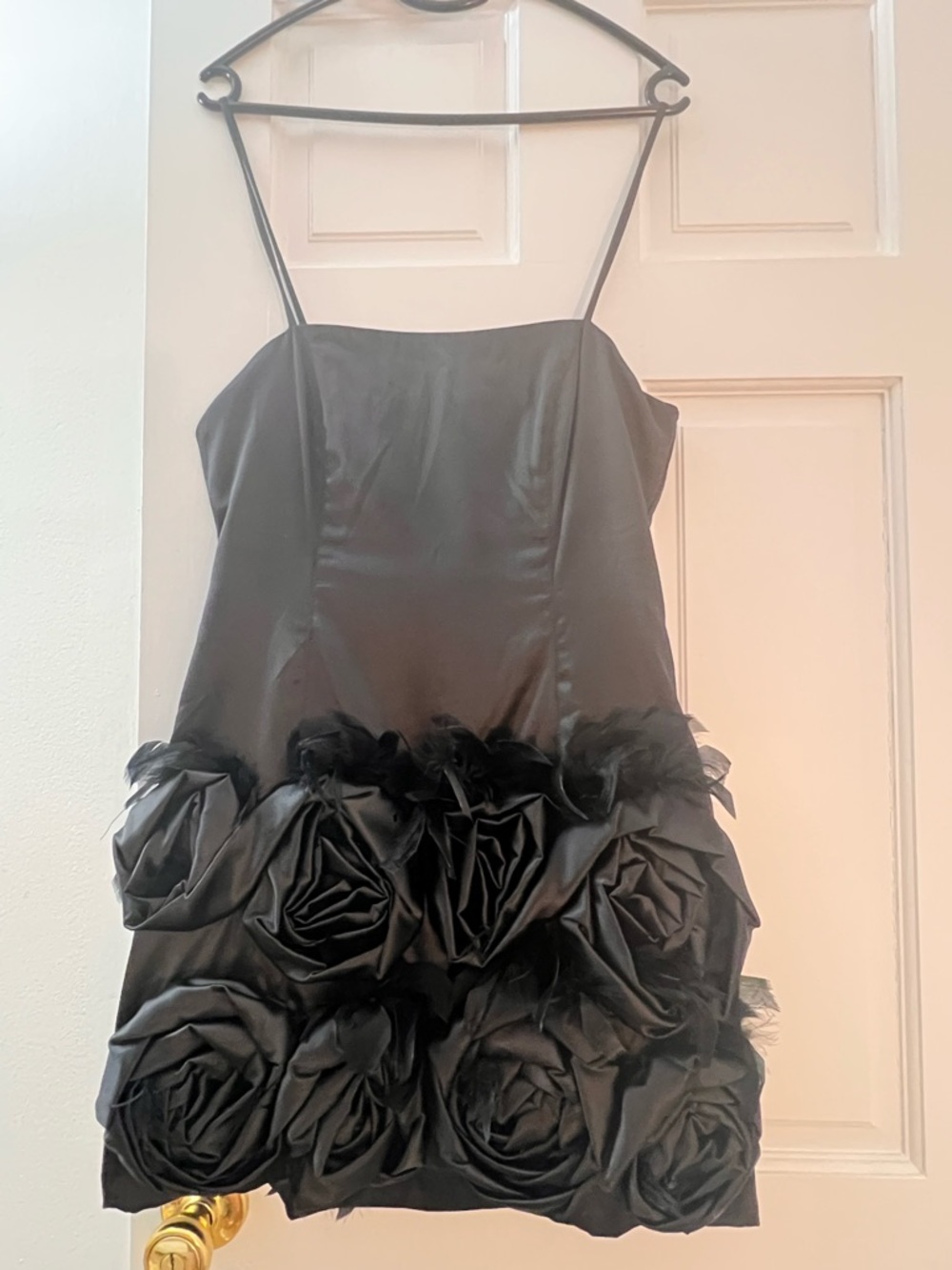 AKIRA Black Satin Mini Dress with Rosette Skirt